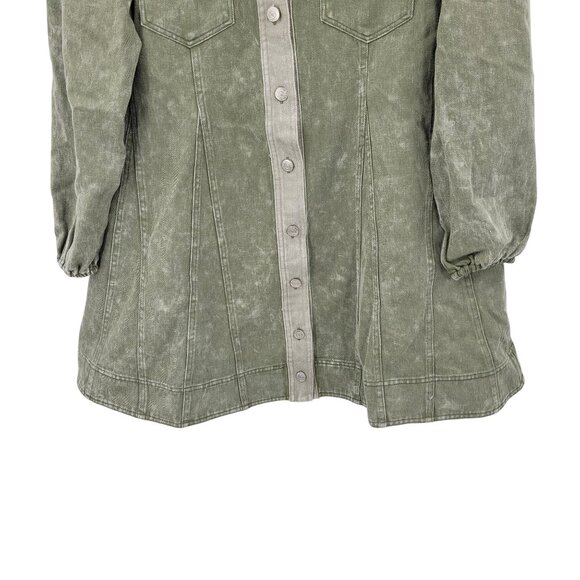 Army Green Washed Denim Button Front Mini Dress Sz S Puff Military Gorpcore - Picture 9 of 15